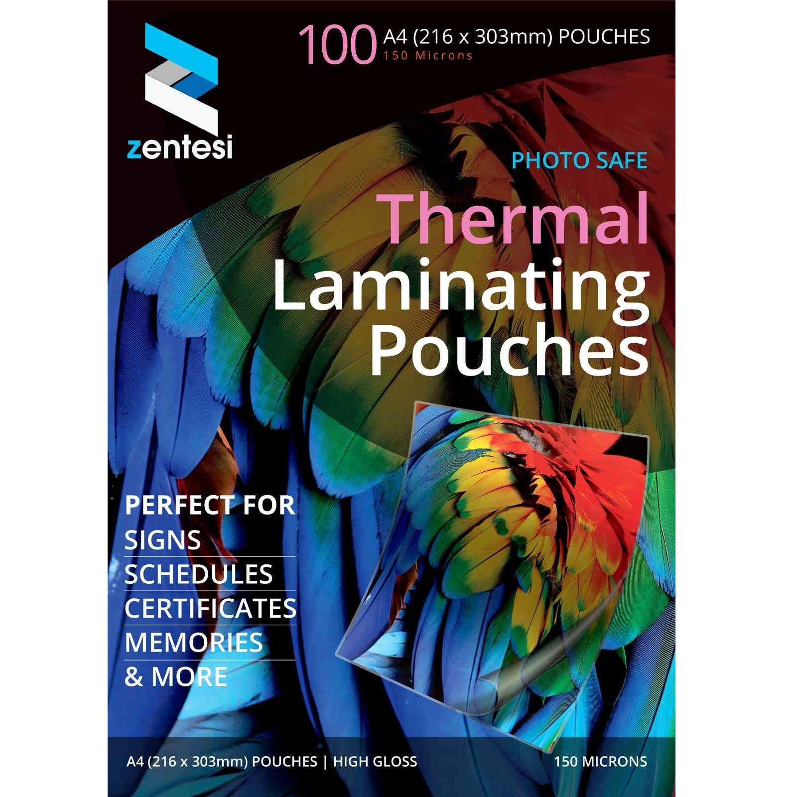 Zentesi A4 Laminating Pouches High Gloss Laminator Sleeves 150 Micron (75 + 75 Microns) Glossy Laminate Pouch Sheets - Pack of 100