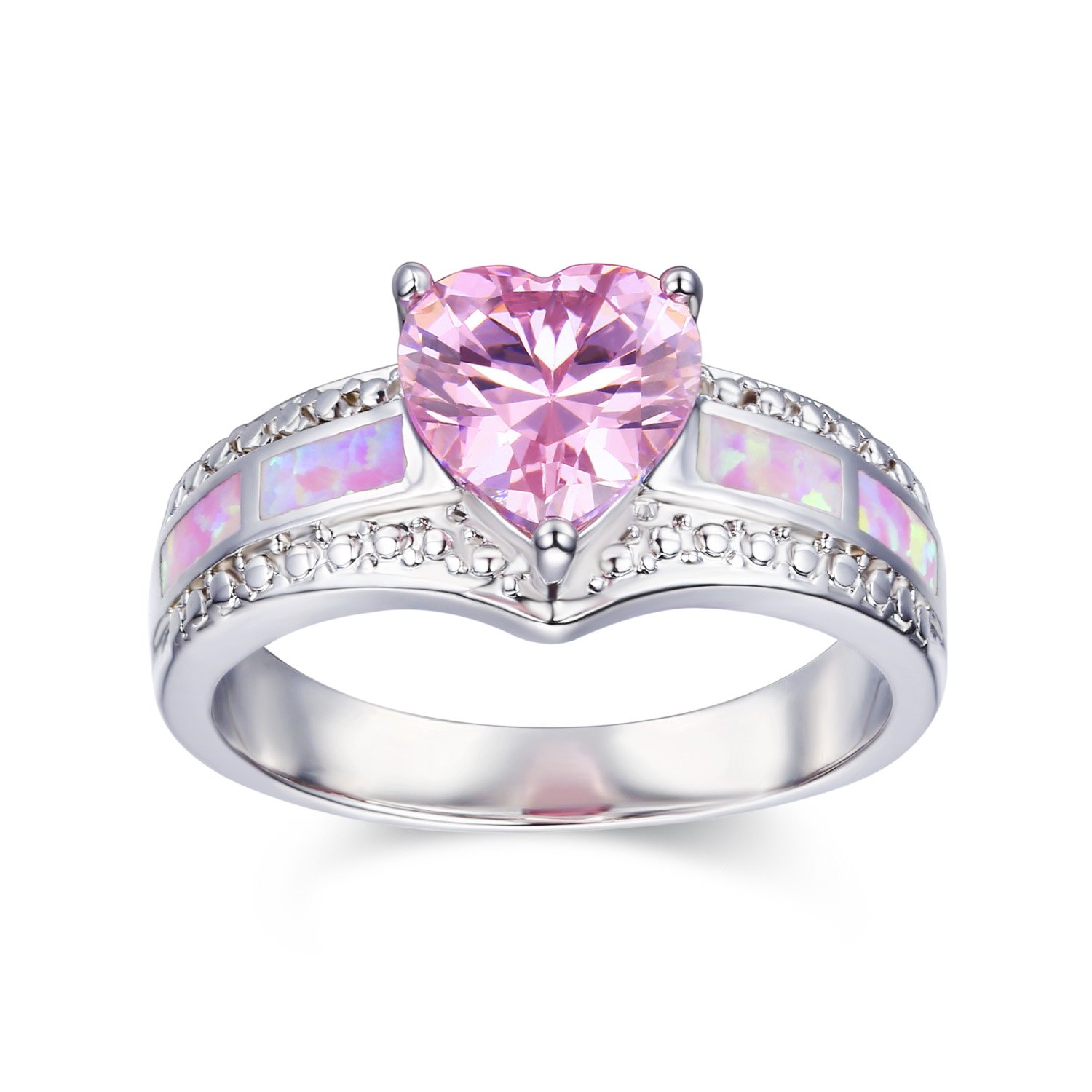 LAVUMO Pink Opal Cute Heart Cubic Zirconia Women Eternity Promise Engagement Rings for Her Gift Band White Gold Plated (7)