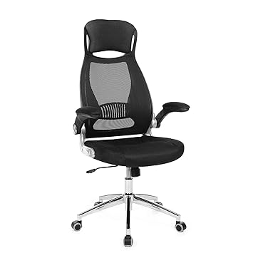 SONGMICS Bürostuhl Drehstuhl Chefsessel Bürodrehstuhl mit Kopfstütze klappbare Armlehnen Wippfunktion, Schwarz OBN86BK