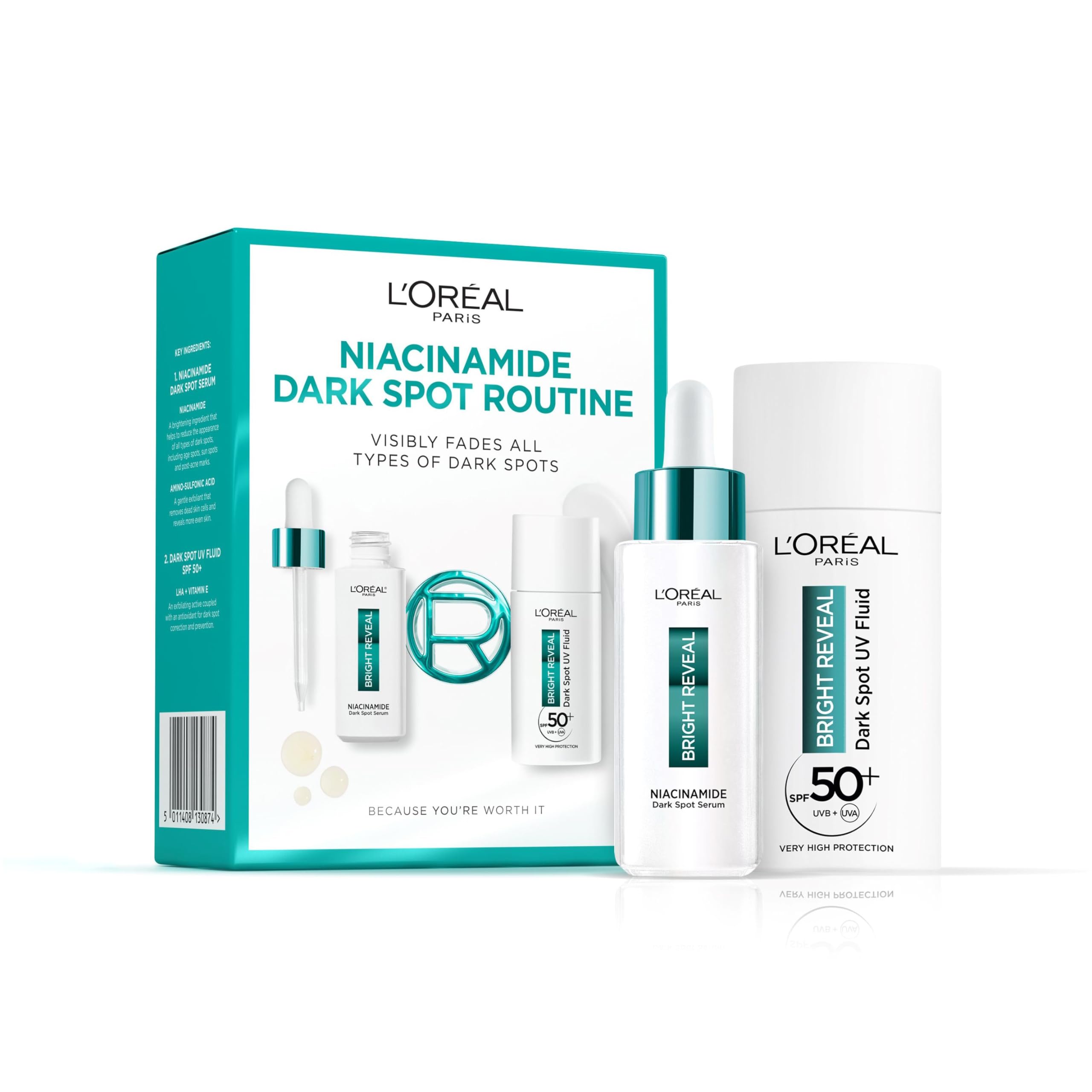 L'Oréal Paris Bright Reveal Niacinamide Dark Spot Routine, Niacinamide Dark Spot Serum + UV Fluid SPF50+, Visibly Fades All Types of Dark Spots: Post-Acne Marks, Hormonal Spots, Sun Spots & Age Spots