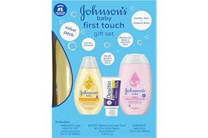 Johnson's First Touch Baby Gift Set, Baby Bath, Skin & Hair Essential Products, Kit for New Parents with Wash & Shampoo, Lotion, & Diaper Rash Cream, Hypoallergenic & Paraben-Free, 4 items