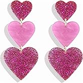 coadipress Triple Heart Earrings Dangle Earrings for Women Lightweight Acrylic Shiny Pink Love Heart Statement Geometric Shape Red Heart Drop Earrings Girlfriend Valentine Gift Jewelry