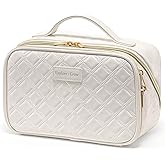 PACKISM Quilted Travel Makeup Bag for Women - PU Leather Open Flat Cosmetic Bags for Women with Dividers, Independent Brush Holder, Waterproof Make Up Organizer for Travel Bathroom, Cream (L)