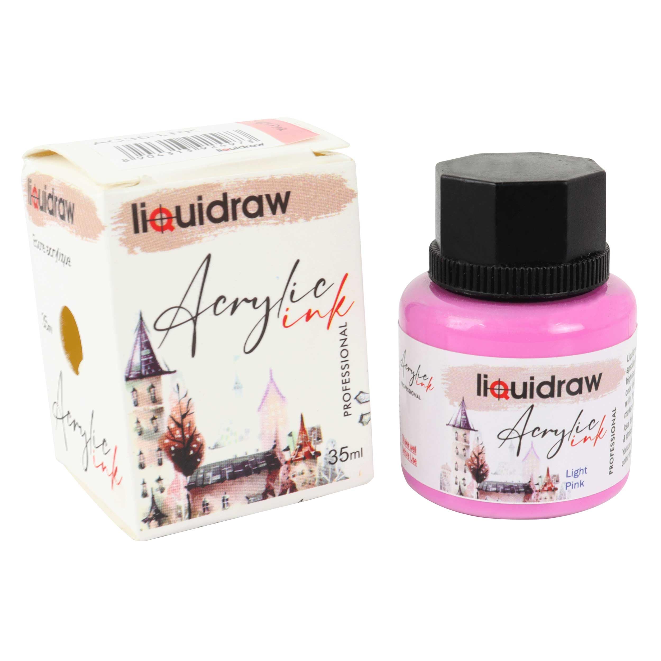 Liquidraw Acrylic Inks for Artists 20 Colours Black White Available Waterproof Ink 35ml Professional for Painting, Drawing, Paints, Art, Brushes, Paper, Board, Canvas, Fabric & Wood (Light Pink)