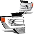 Auto Dynasty LED DRL Headlights Assembly Compatible with 2009-2014 Ford F-150, Driver and Passenger Side Projector Halogen Headlamps Replacement, 3D Daytime Running Light, Chrome Housing Amber Corner