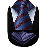 HISDERN Stripe Tie Mens Ties with Pocket Square Set Classic 3.4'' Silk Formal Necktie Handkerchief for Business Wedding
