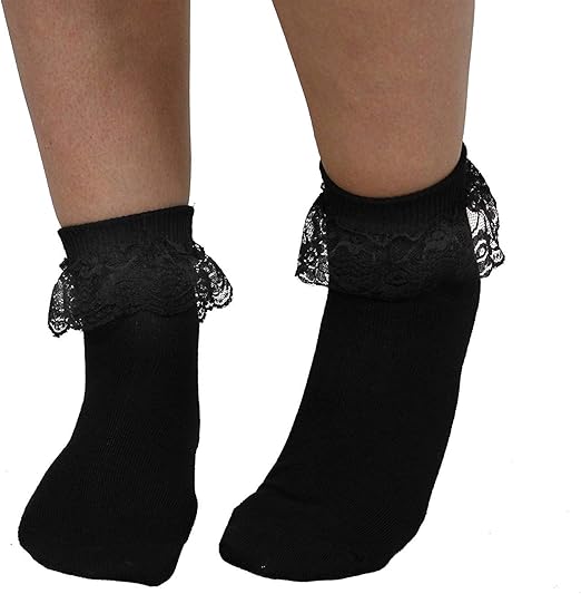 ADULT BLACK BOBBY SOCKS BLACK FRILLED ANKLE LENGTH 50s SOCKS 50s