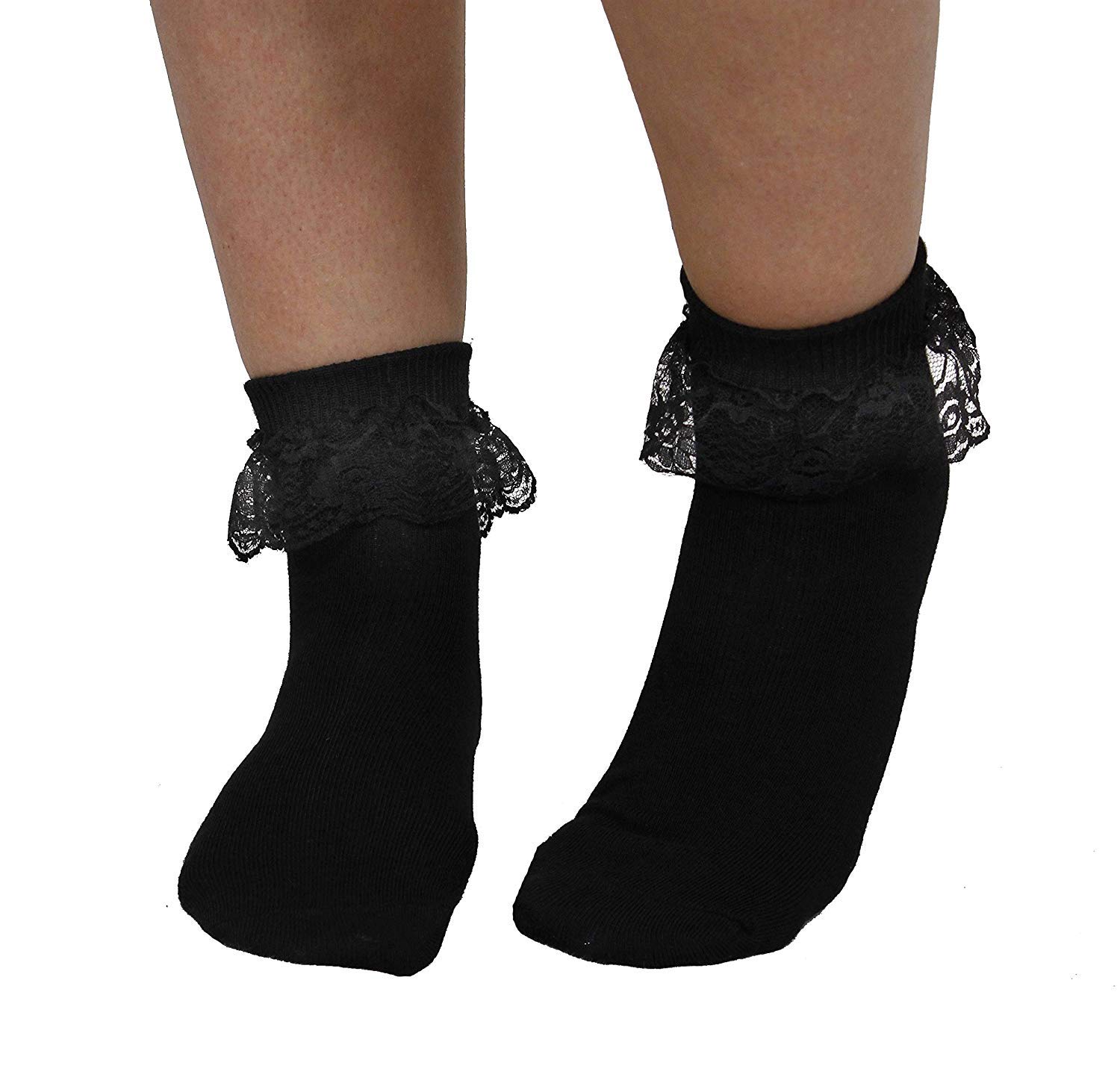 Adult Black Bobby Socks - Black Frilled Ankle Length 50s Socks - 50s Fancy Dress Accessory - 1 Pair