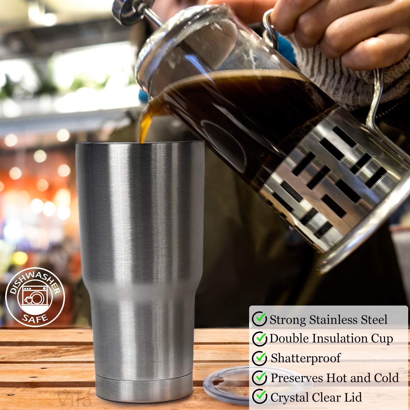 30oz Stainless Steel Travel Tumbler by Vila - BPA-free, double wall vacuum insulated - Tight transparent lid prevents spillage - Shatterproof, rustproof - Keeps Hot Drinks Hot and Cold Drinks Cold