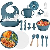 Baby Led Weaning Supplies, 17 Piece BPA-Free Silicone Feeding Set, Eating Essentials Baby Utensils with Suction Plate and Bowl, Pocket Bib, Sippy Cup with Lid, for 6+ Months, Blue