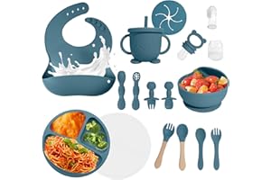 CATVEGUE Baby Led Weaning Supplies, 17 Piece BPA-Free Silicone Feeding Set, Eating Essentials Baby Utensils with Suction Plate and Bowl, Pocket Bib, Sippy Cup with Lid, for 6+ Months, Blue