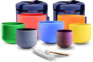 KRESEC 432Hz 6-12 Inch Crystal Singing Bowls Set of 7 – Multicolored Quartz Chakra Tuned Sound Healing Bowls for Meditation, Yoga & Reiki with Padded Cases, Suede Mallets & Silicone O-Rings