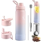 Lexlion Tea Infuser Water Bottle 22 Oz – Triple Wall Insulated Stainless Steel, Loose Leaf & Fruit Strainer, 3 Leakproof Lids, BPA-Free Silicone Sleeve, Reusable Thermal Mug