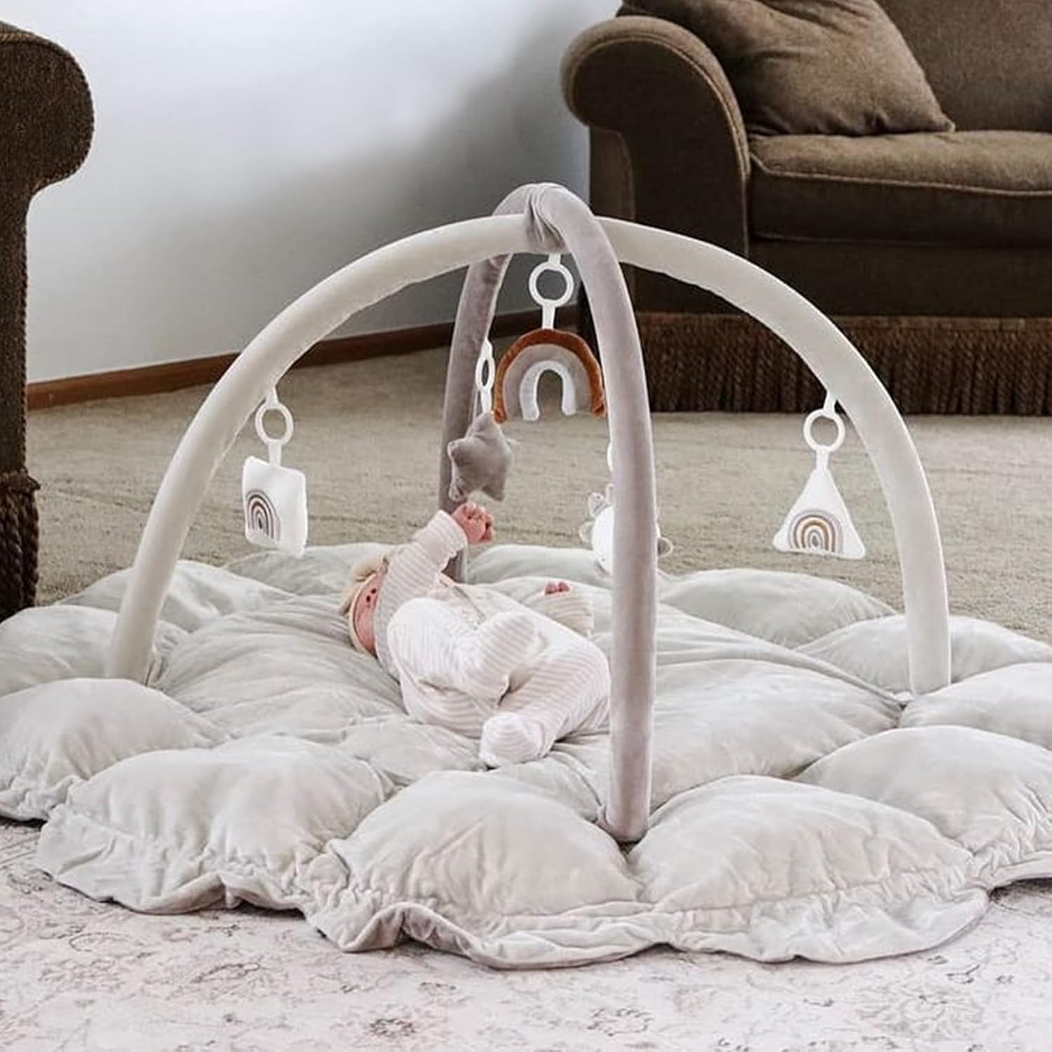 Photo 1 of 5-in-1 Thick & Plush Baby Play Gym, Baby Play Mats for Floor, Tummy Time Mat with 6 Toys, Cat Bed, Dog Bed, Convertible Stage-Based Developmental from Baby to Toddler, Ball Pit, Pet Cushion Cloudico