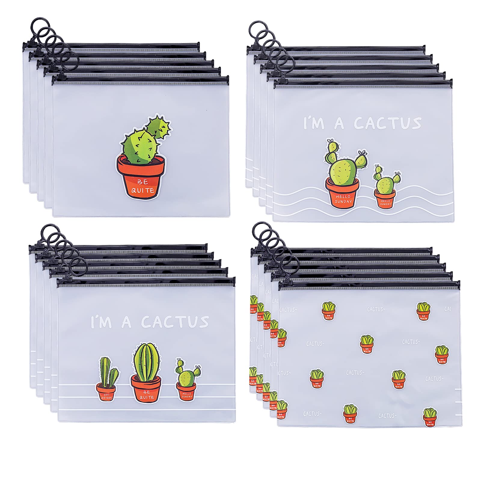 20 Pieces Zip File Bag, Small Plastic Document Bag, A6, B6, Waterproof, Frosted for Stationery, Documents, Cosmetics (Cactus, 4 Styles)