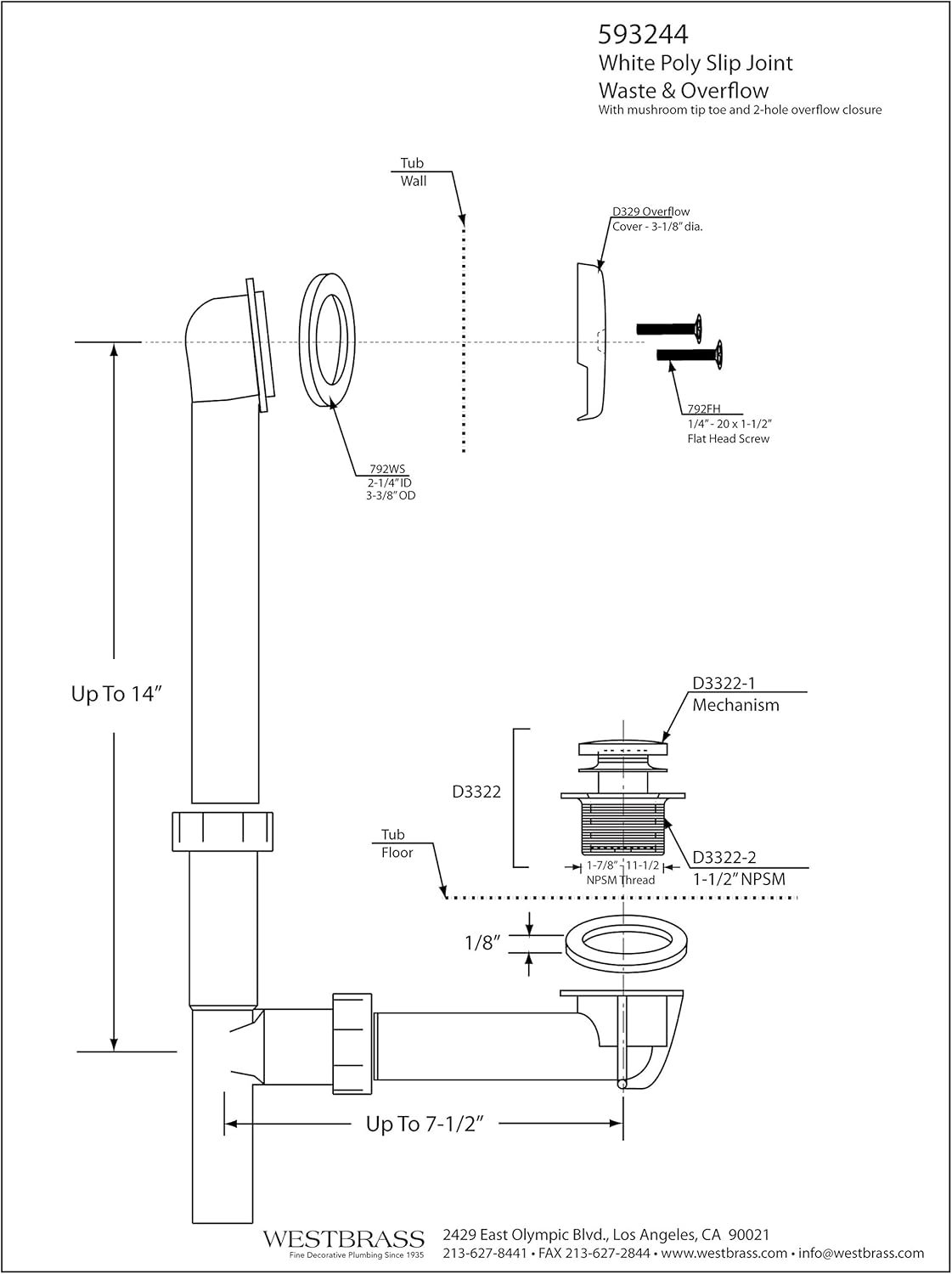 Westbrass 593244-62 White 1-1/2" Tubular Tip Toe Bath Waste Drain Kit, Matte Black - Walk In Bathtubs - 