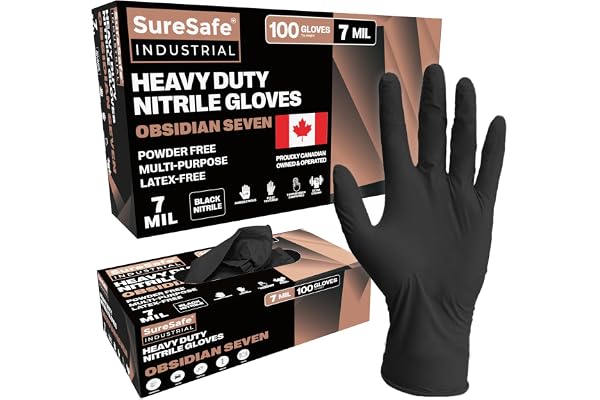 SURESAFE 7 Mil Nitrile Gloves, Heavy-Duty, Latex-Free Black Gloves Disposable for Industrial Use, Mechanical Work