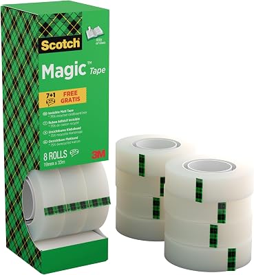 Magic Cinta Adhesiva Invisible - Caja de 8 Rollos de 19mm x 33m - Cinta Adhesiva de Uso General para Reparación, Etiquetado y Sellado de Paquetes y Documentos