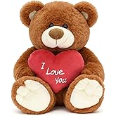 I Love You! 10'' Teddy Bear with Red Heart, Soft Plush Bear Doll Stuffed Animal Toys, Gifts for Her/Girlfriend Lover Mom Kids (Brown)