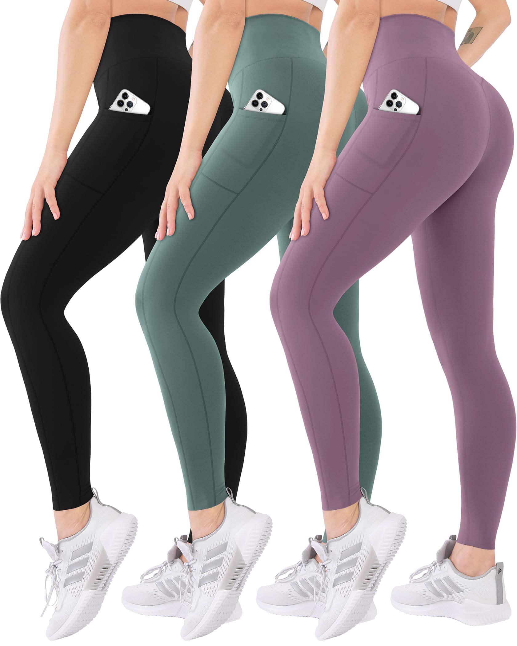Photo 1 of 3 Pack Pockets High Waisted Leggings for Women -Soft Athletic Tummy Control Pants for Running Yoga Workout Reg & Plus Size