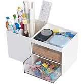 LETURE Office Desk Organizer with drawer, Office Supplies and Desk Accessories, Business Card/Pen/Pencil/Mobile Phone/Stationery Holder Storage Box (White)