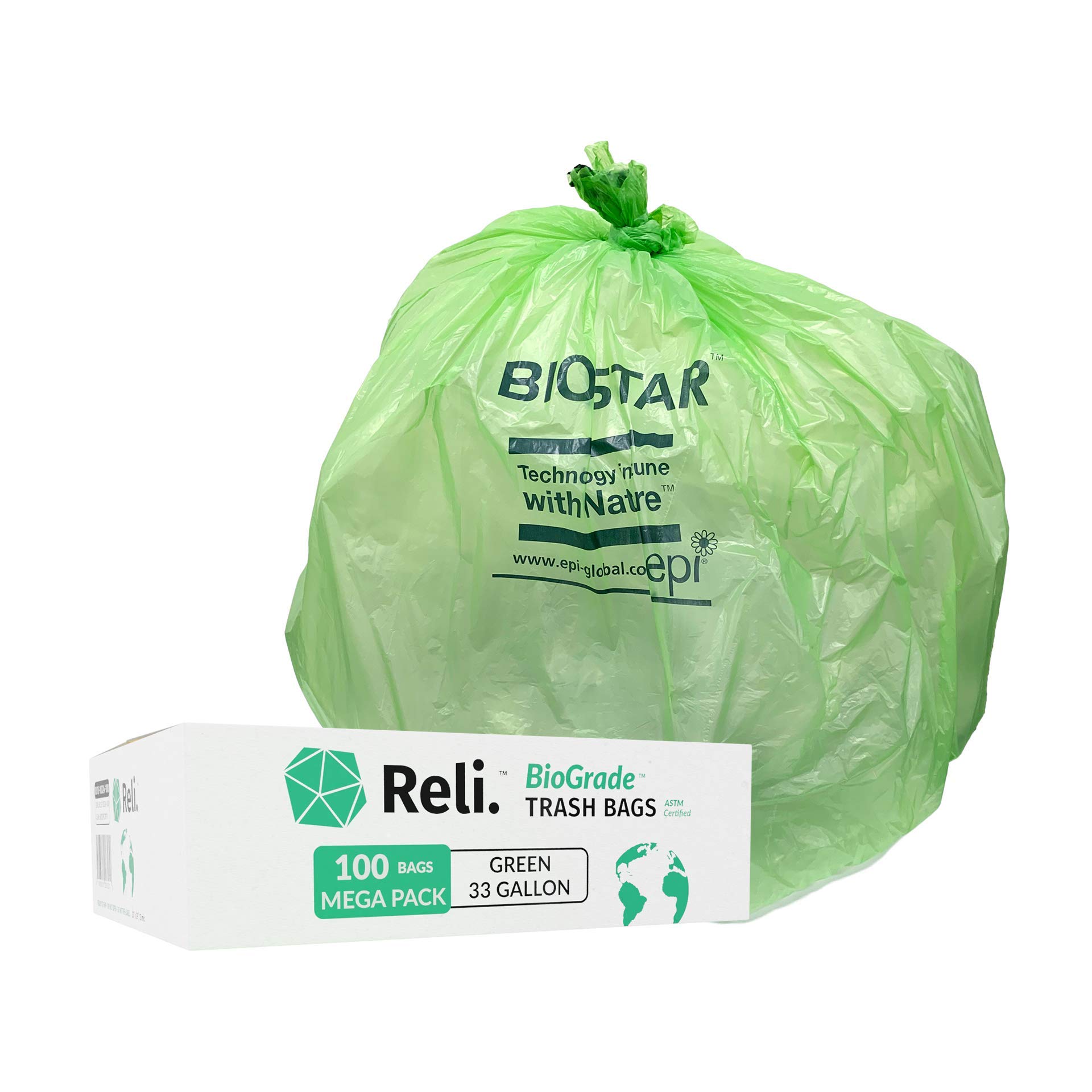 Photo 1 of Reli. Biodegradable 33 Gallon Trash Bags, 100 Count, Green Eco Friendly, Degradable Under Certain Conditions, Custom-Fit for Compactor