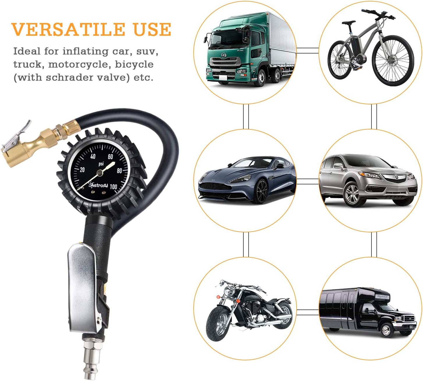 AstroAI Upgraded 100 PSI Tire Inflator with Pressure Gauge, Heavy Duty with Large 2" Easy Read Glow Dial, Air Chuck, Quick Connect Coupler and Rubber Hose Compressor Accessories: Automotive