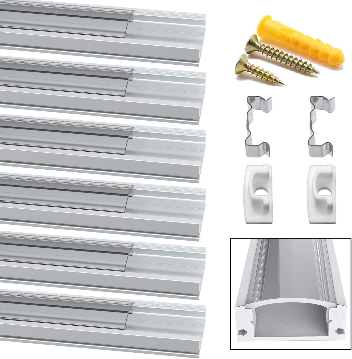 Jirvyuk Led Aluminum Profile, 6 Pack 1m/3.3ft U-Shape Led Channel and Diffuser with Transparent Cover