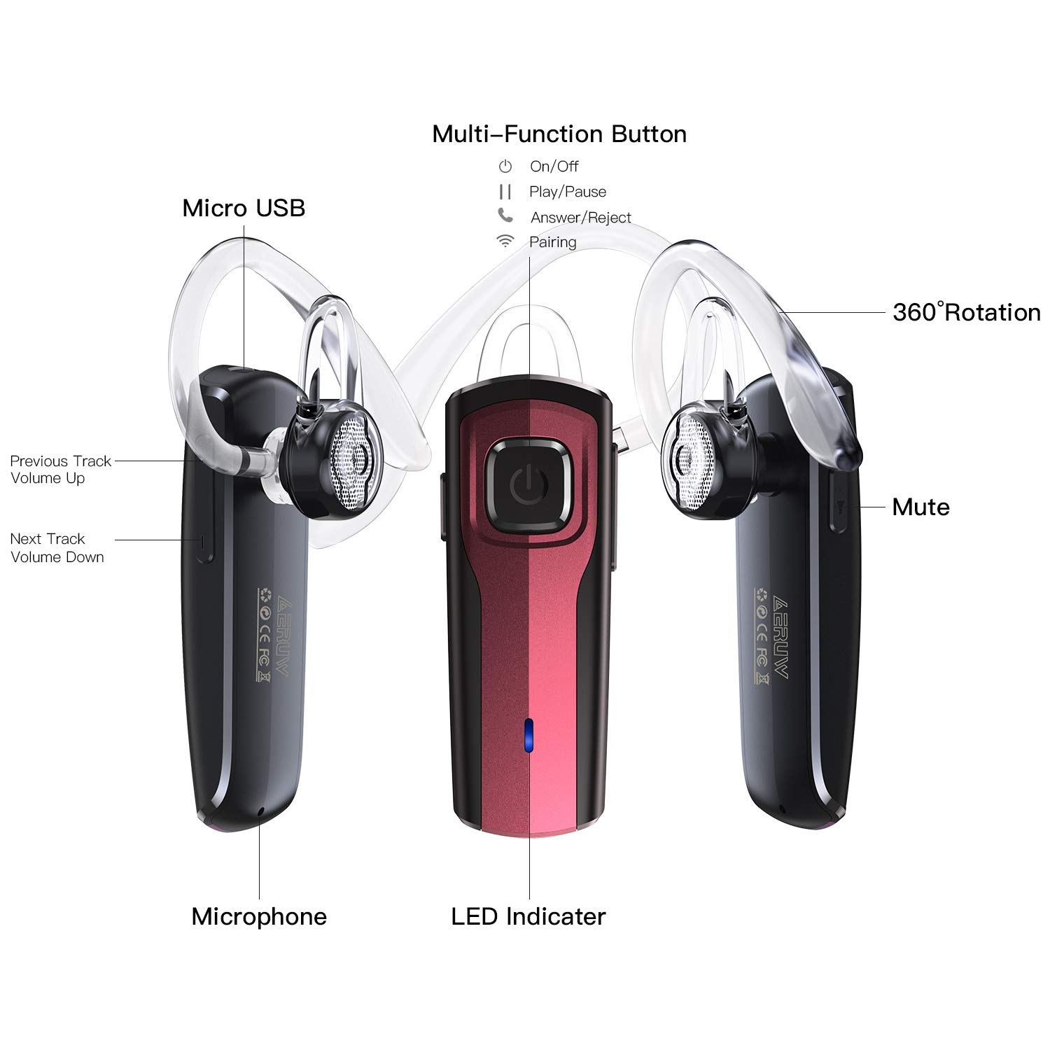 L-Fragrant Bluetooth Headset, Wireless Bluetooth Headset Ultralight Handsfree Bluetooth Earpiece for iphone Tablet Android Smartphones Business Office Driving (Red)