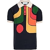 OXKNIT Men's Vintage Polo Shirt Geometric Patterns Dark Blue Knit Casual Summer Golf Poloshirts
