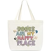 Canvas Tote Bag, Book Tote Bags, Book Lover Gift, Books Are My Happy Place Tote, Library Tote Bag, Reusable Grocery Shopping Bag, Library Shoulder Bag For Reader Women Friend Bookworm A(08)