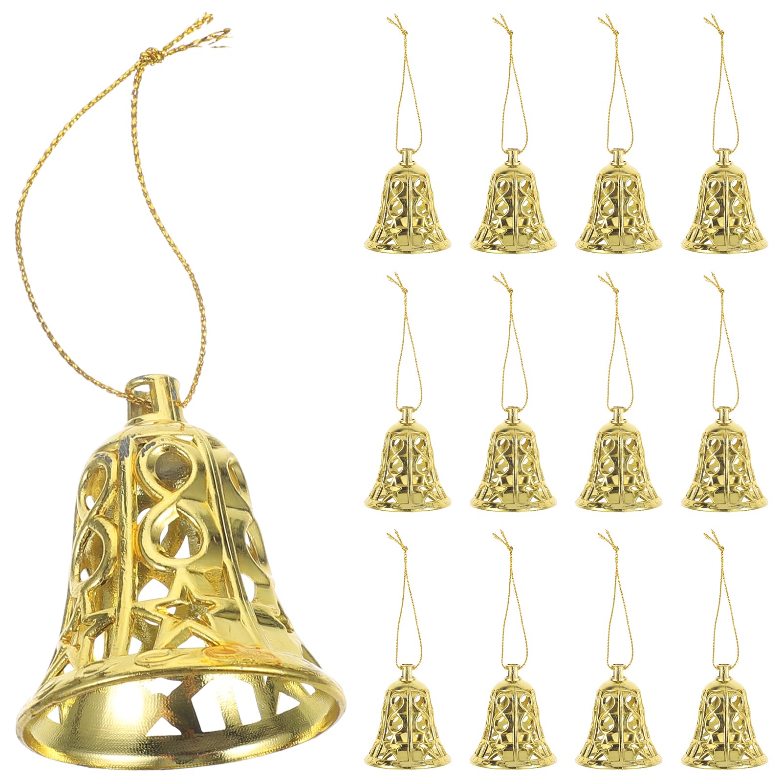 Photo 1 of 12pcs Christmas Hanging Bells for Decoration, Plastic Gold Bell Ornaments, Christmas Bells with Ropes for Xmas Tree and Holiday Party Decor