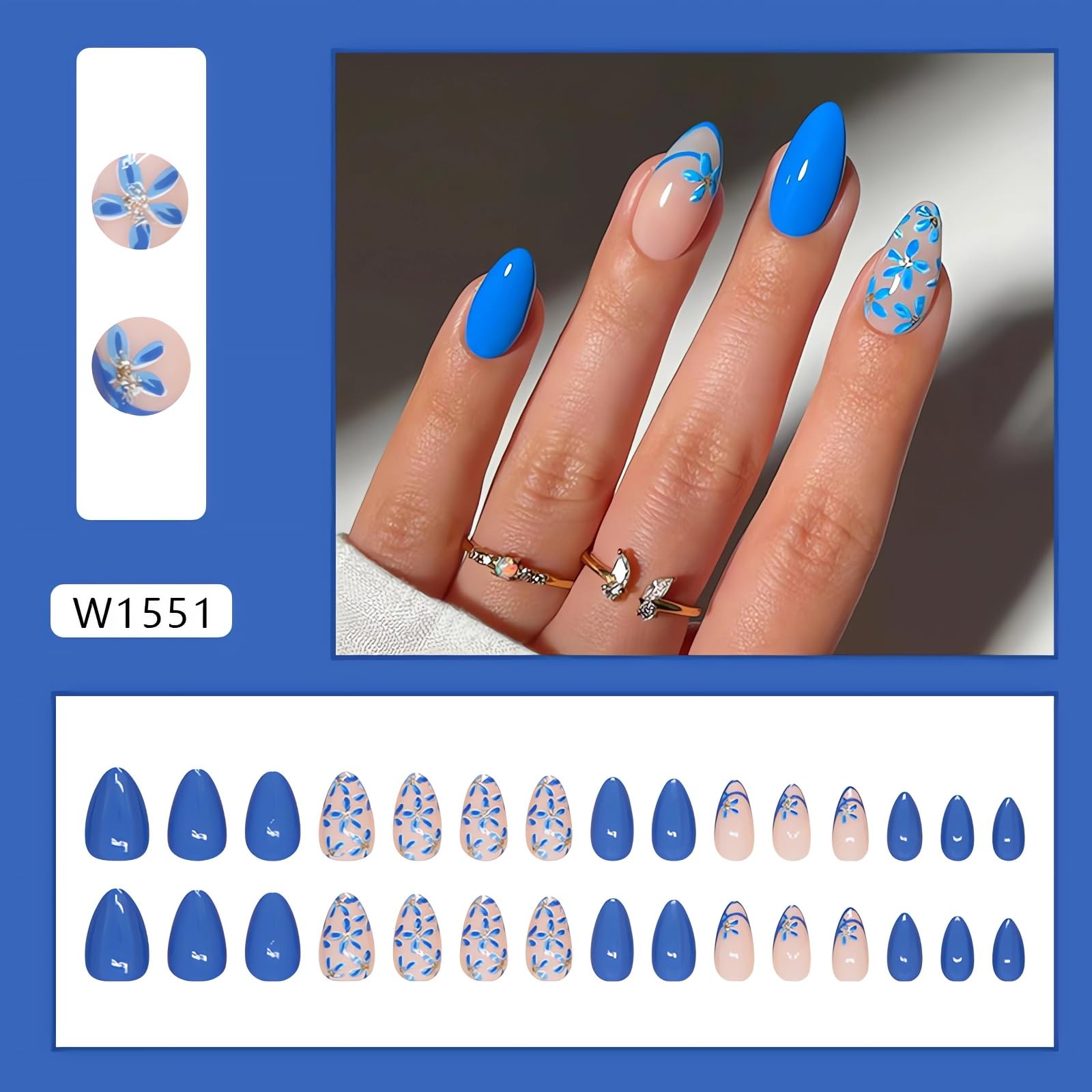 LPOODDNU Flower Press on Nails Almond, Small Flowers Medium Press on Nails Blue Fake Nails, Cute Floral Glue on Nails, Reusable Stick on Nails - 30Pcs Medium Almond Flowers False Nails Set - Image 2
