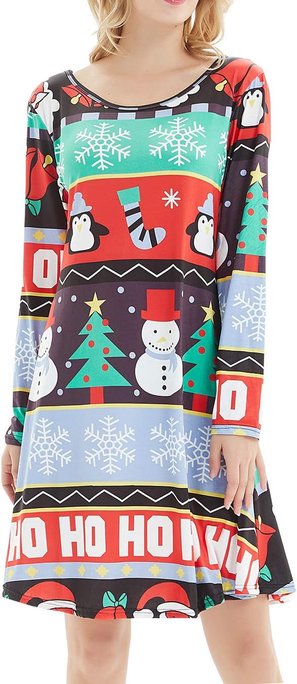 Dutebare Women Christmas Long Sleeve Dress Santa Claus Flowy A-Line Tunic Dresses