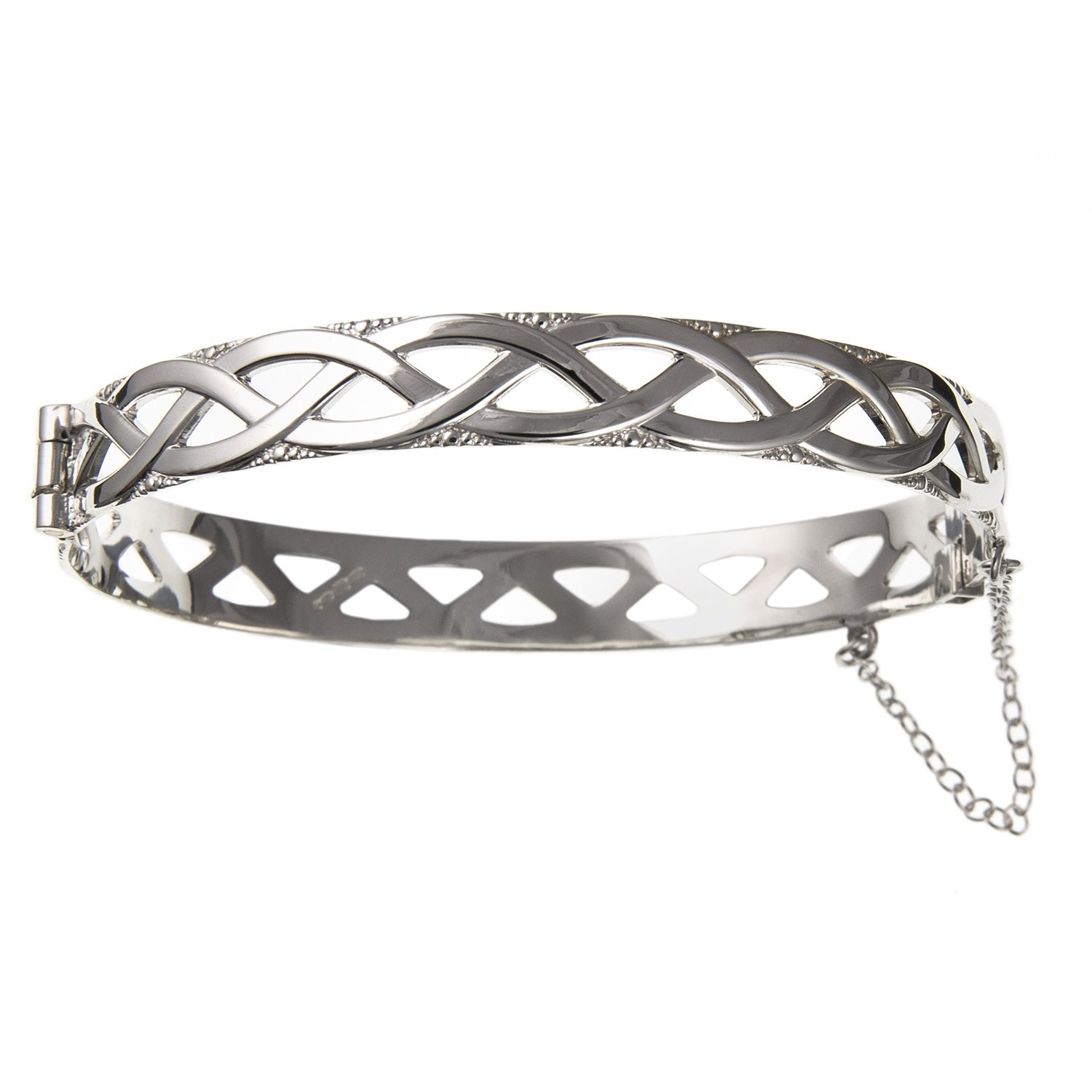 Designer Inspirations Boutique 9MM Wide WOMENS Irish Celtic Knot Weave Hinged Bangle Bracelet with Safety Chain - 925 Sterling Silver - Irish Jewellery