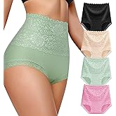 BOKIOW Women High Waisted Cotton Underwear Sexy Soft Lace Panties Breathable Full Coverage Ladies Brief Multipack