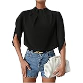 SweatyRocks Women's Mock Neck Blouses Split Sleeve Pleated Work Dressy Shirts