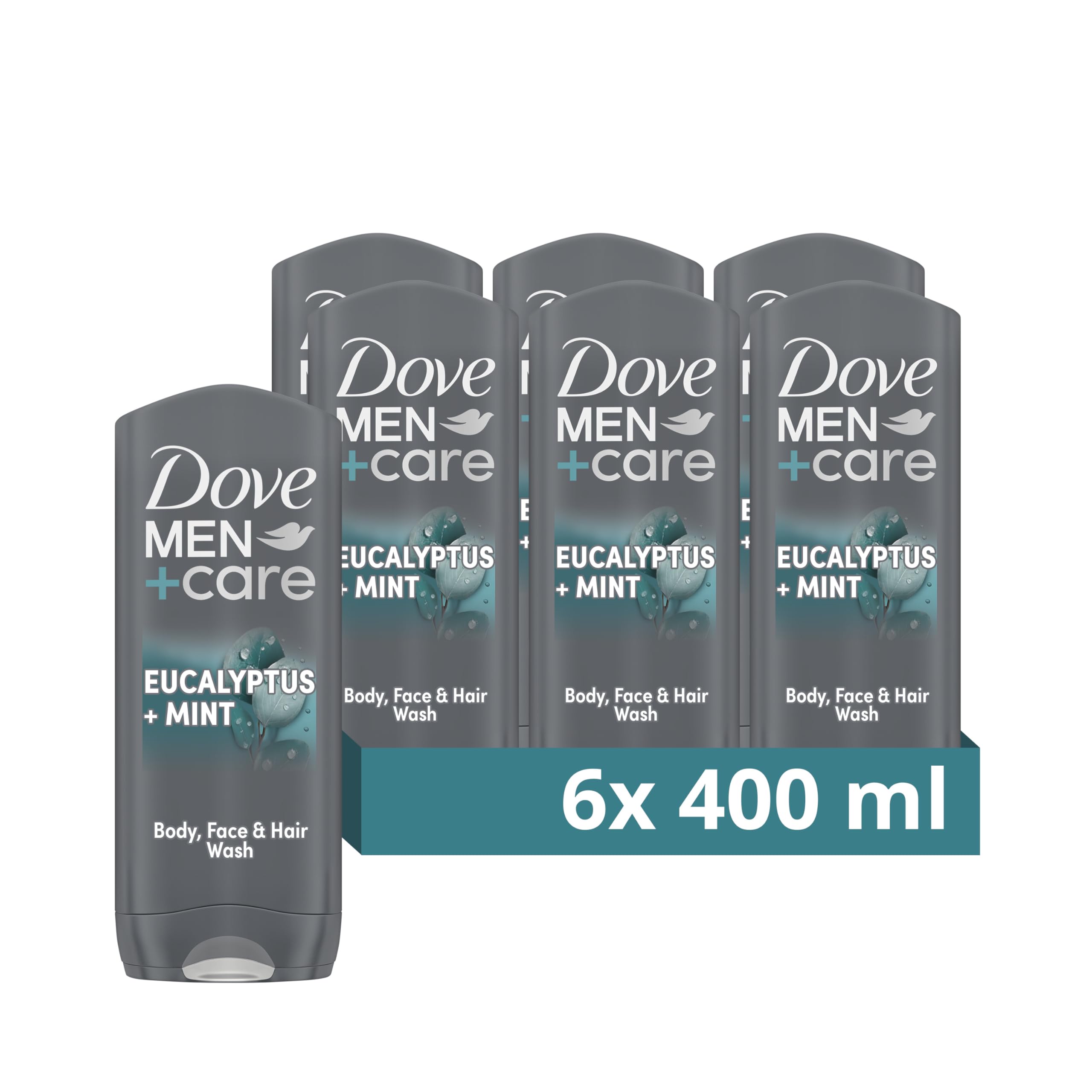 Dove Men+Care Eucalyptus + Mint 3-in-1 Hair, Body and Face Wash Body Cleanser shower gel with 24 hour nourishing MicroMoisture technology for a revitalising fragrance 6x 400 ml