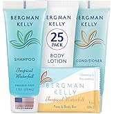 Bergman Kelly - Hotel Toiletries Bundle - Tropical Waterfall, 1 oz each, 100 Pcs - 4-Piece Set: 25 Rectangular Bar Soap, 25 Shampoo, 25 Conditioner & 25 Body Lotion - Bulk Mini Guest Amenities Supply