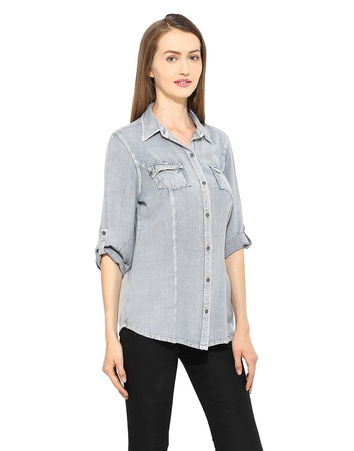 free & young front open washed shirt
