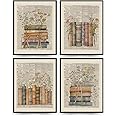 PLKMN Vintage Wall Decor, Classroom Decor, Library Book Club Decorations, Retro Floral Books Wall Art Bookish Gifts Posters for Women Girls Kids Room Aesthetic, Book Themed Party Decorations 8x10 Set of 4 Unframed
