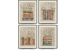 PLKMN Vintage Floral Wall Decor, Retro Library Book Club Gifts, Book Themed Party Decorations 4 Pcs, Bookish Posters for Women Girls, Wildflower Books Wall Art Decor for Home Living Room Bedroom Bathroom Dorm Classroom 8x10 Unframed