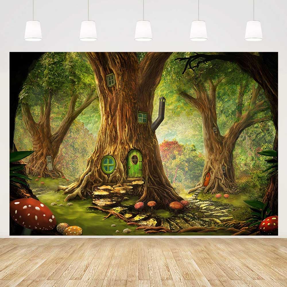 MEHOFOND 8x6ft Fairy Tale Enchanted Forest Birthday Party Decoration Photo Background Banner Children Mushroom Woodland Wonderland Backdrops Props for Photography