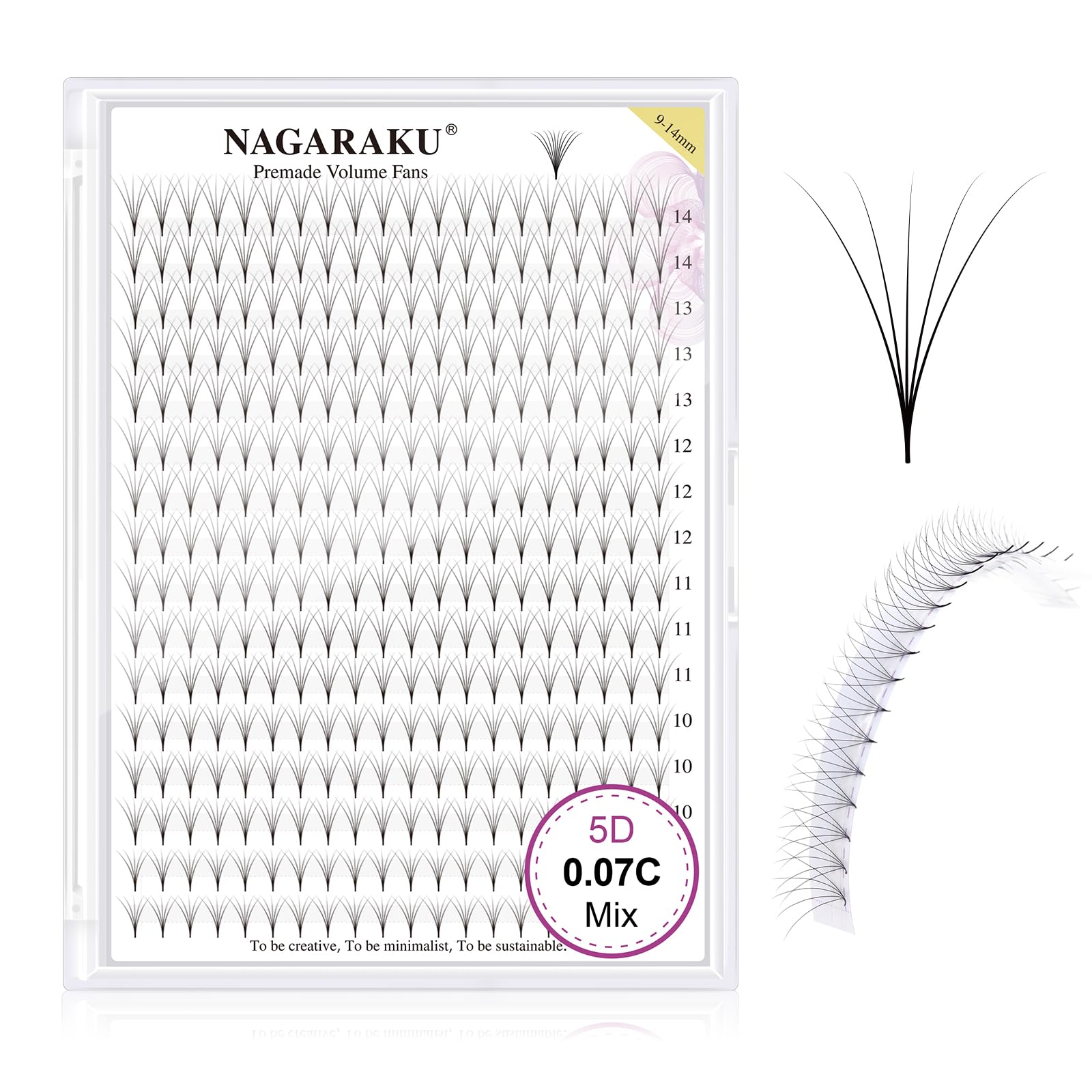 NAGARAKU Eyelash Extensions 320 Clusters Premade Fans Russian Volume Long Stem Premade Fans Thin Pointy Base Natural Pre Fanned Fluffy False Eyelash Black 16 Rows (5D 0.07 C Curl 9-14mm Mix Tray)