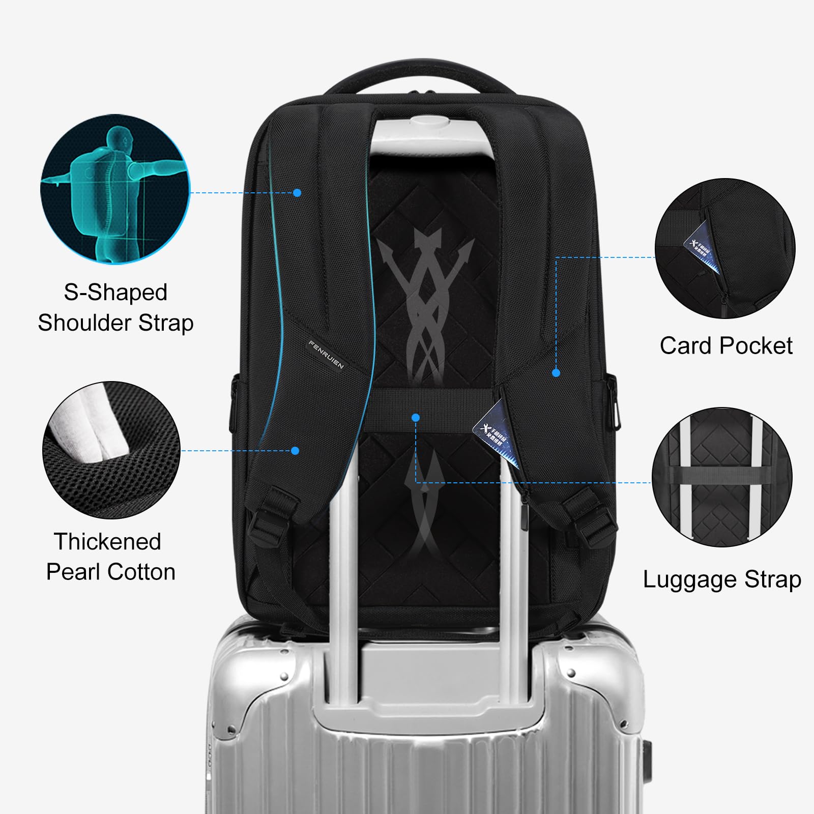 FENRUIEN Travel Laptop Backpack 15.6 Inch, Expandable Computer Backpack with USB Charging Port, Black Business Backpack for Men