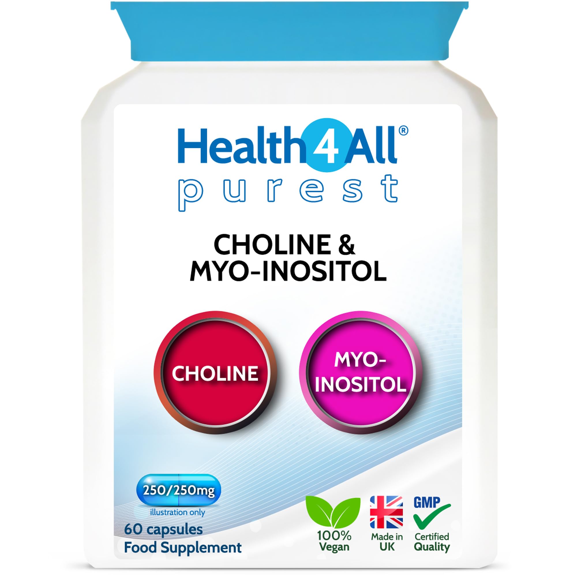Choline & Inositol 500mg 60 Capsules, Choline Bitartrate 250mg & Myo Inositol 250mg Vegan Supplement for Brain Health, Mood, Memory, Liver Function & Metabolism - Made in UK by Health4All