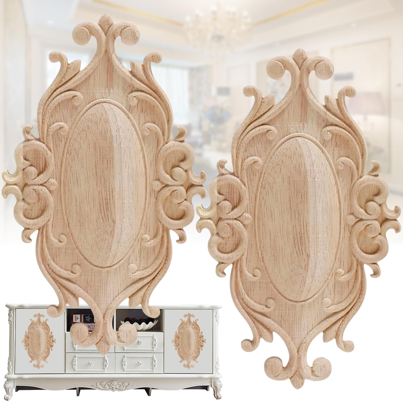 2 Piece Wood Carved Decal, Wood Mouldings Decorative, Oval Wood Carving Furniture, Wood Carved Applique Unpainted, Home Decorative Wooden Mouldings，European Style, Suitable for Home Decoration