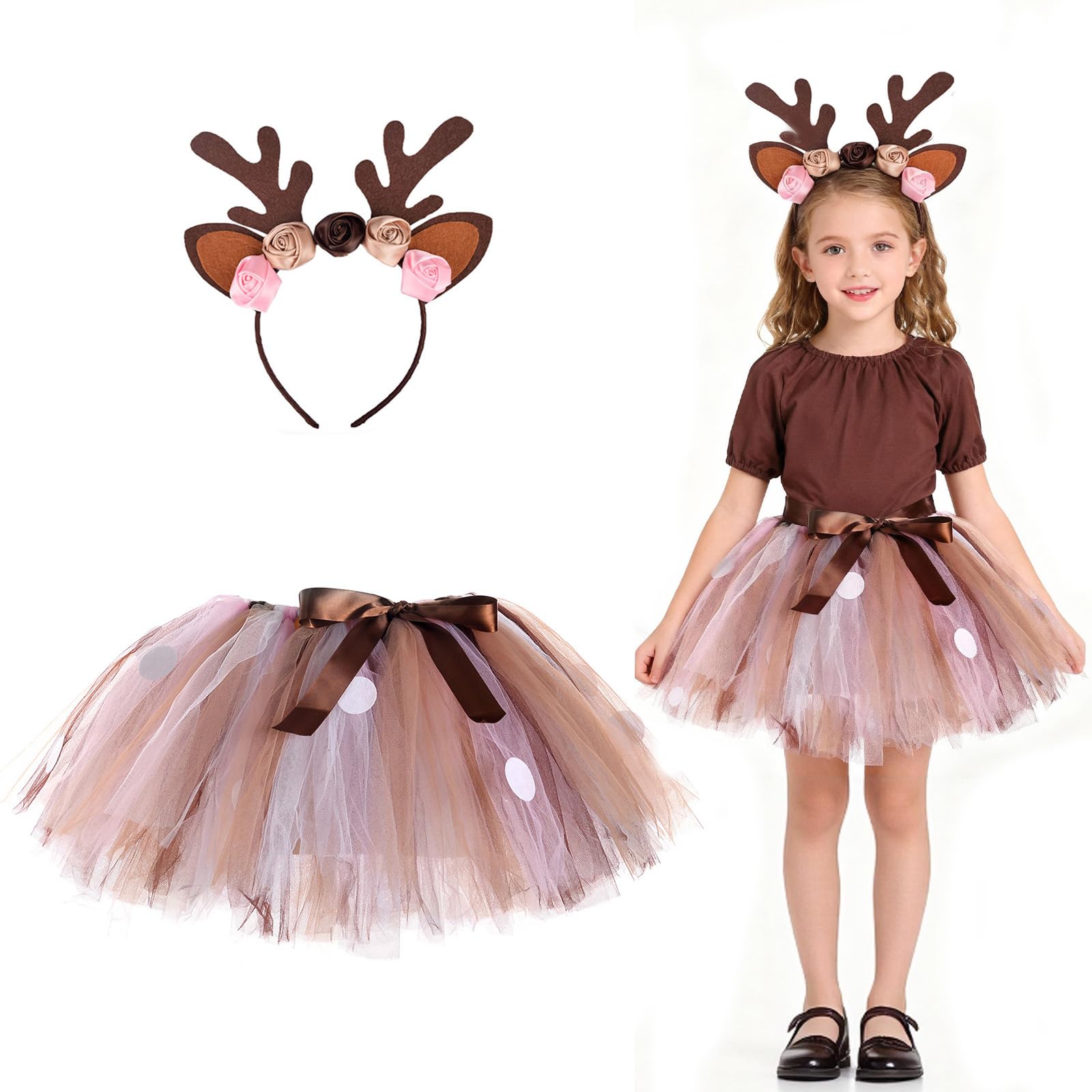 Hifot Reindeer Costume Kids,Reindeer Antlers Headband Tutu Skirt Fancy Dress for Girls Halloween Costume Christmas Party Dress Up Outfit — image 1