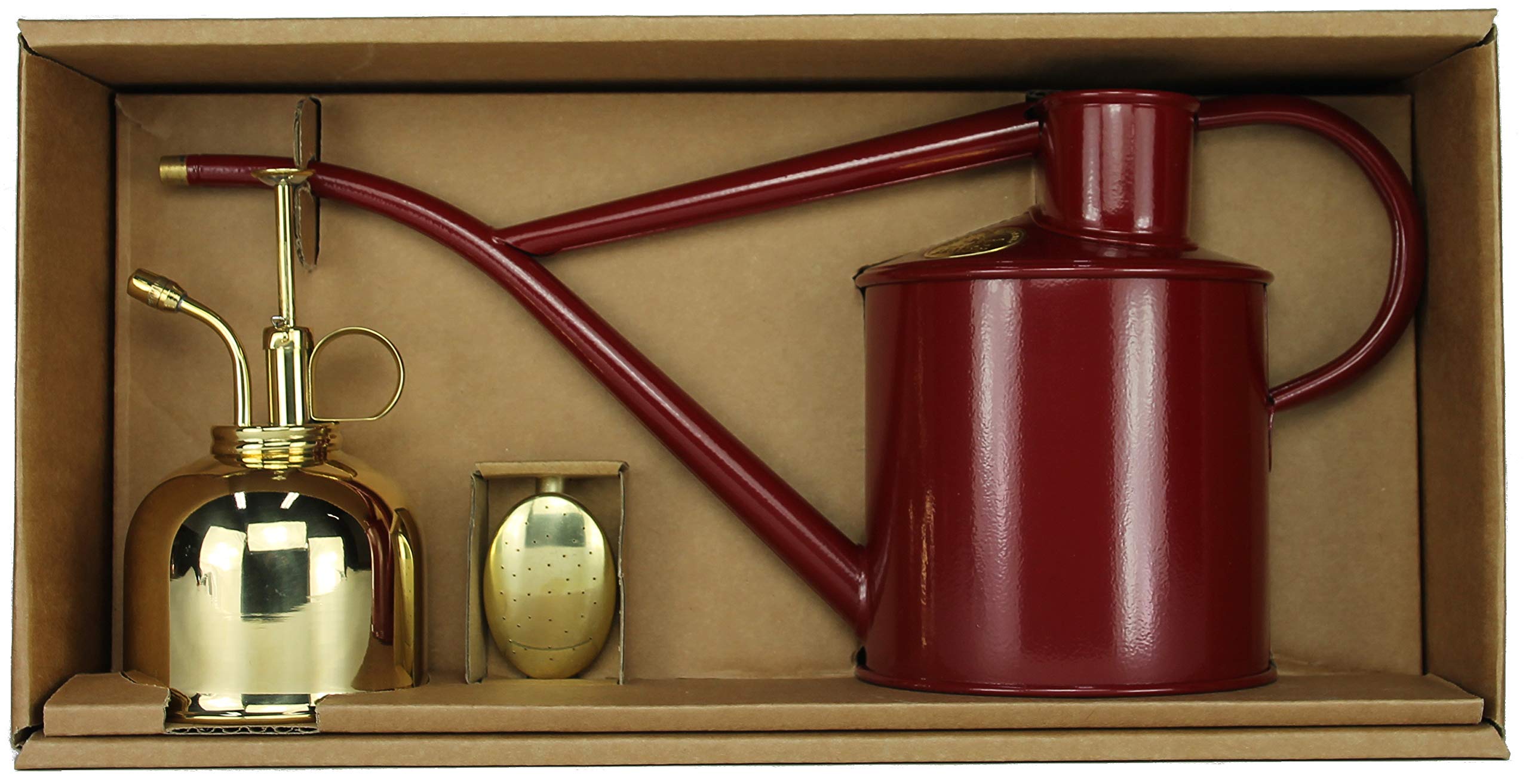HAWSWatering Set with Can 1 Litre burgundy red and brass Plant Sprayer - handmade by Haws from England
