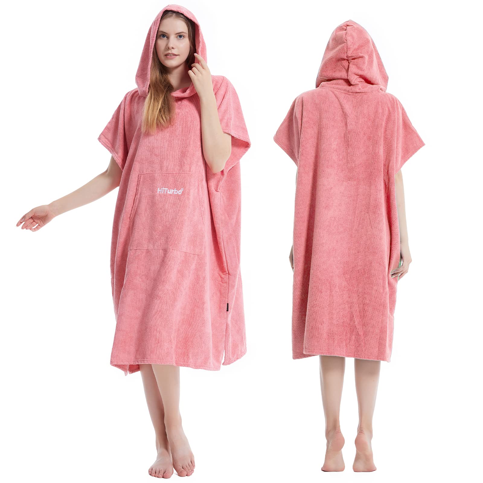 Hiturbo Changing Robe Towel Poncho Surf Short Sleeve Bath Robe with hooded Pink